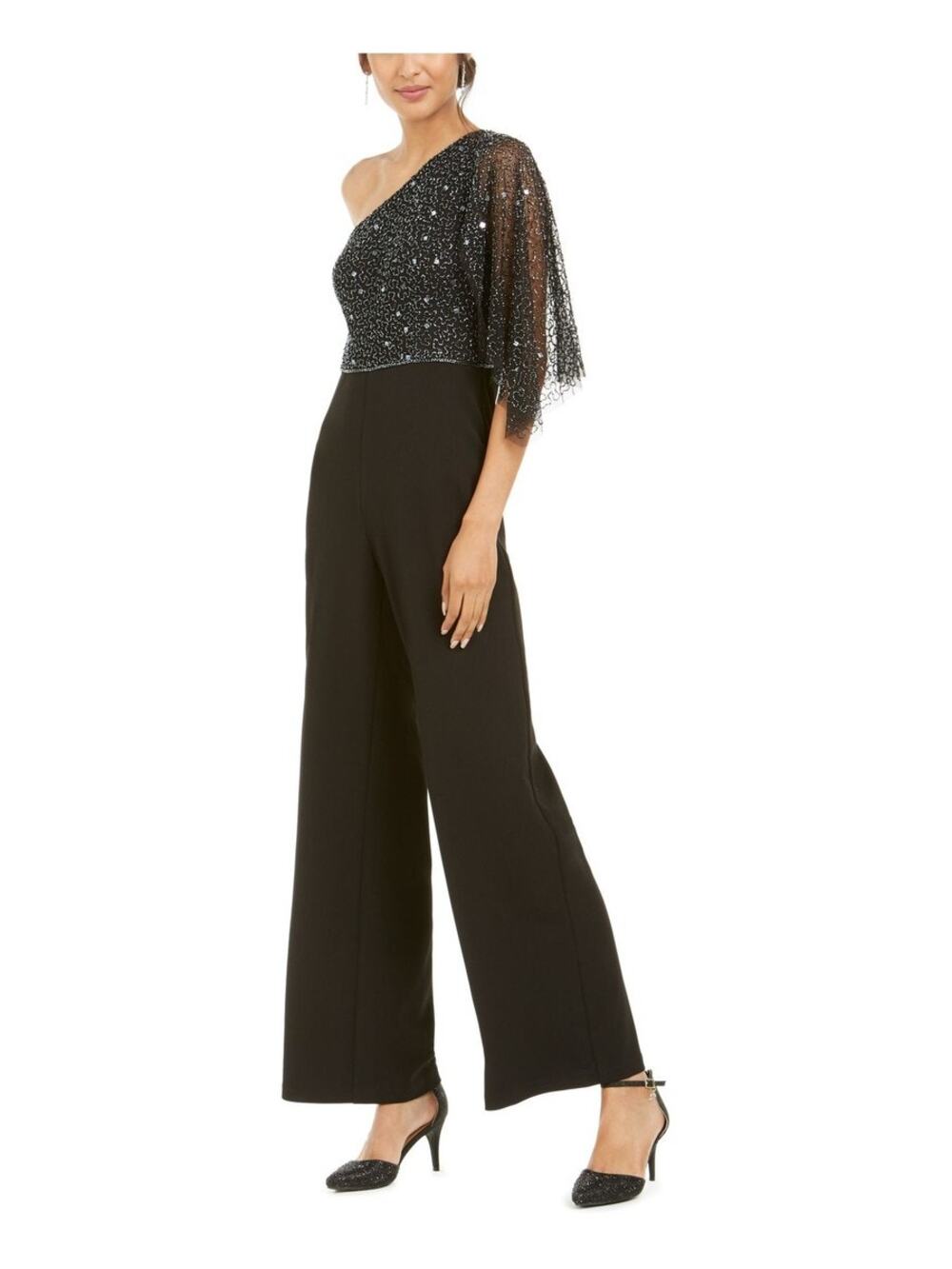Adrianna Papell Beaded One Shoulder Jumpsuit Womens Size 6 Black Sparkle Event